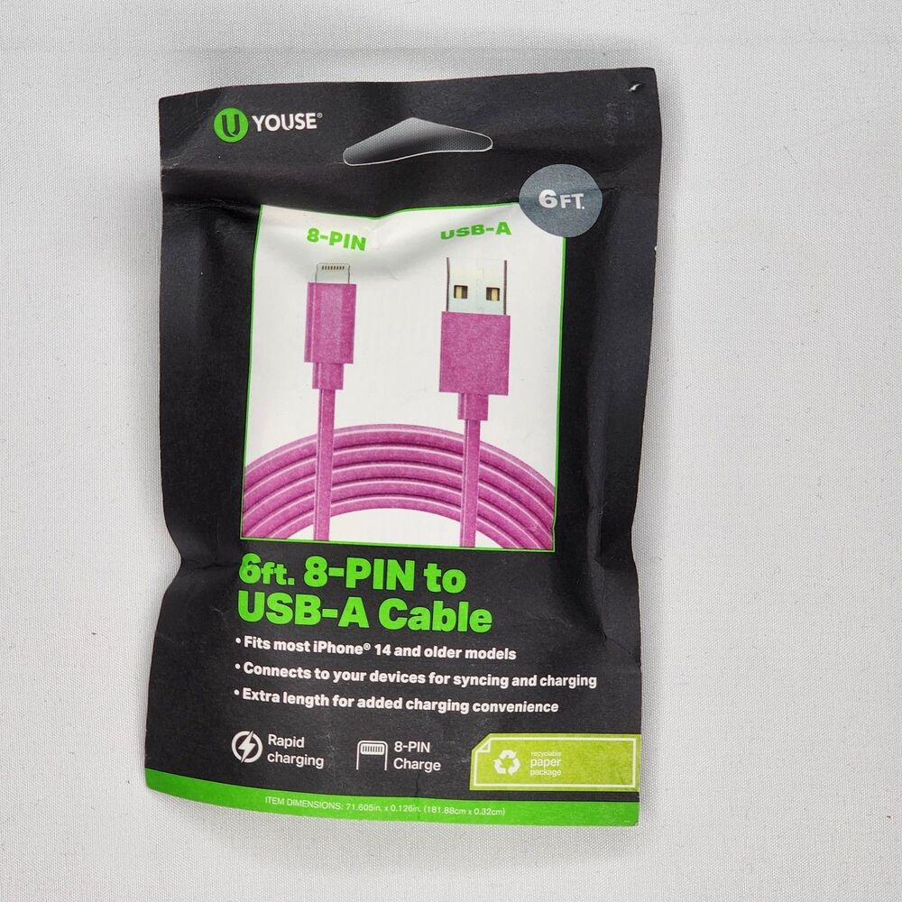 U Youse 10 Ft. 8 Pin to USB A Cable - Pink